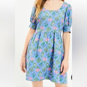 The Loft Floral‎ U-Neck Puff Sleeve Dress Blue/Floral 6 Petite NWT